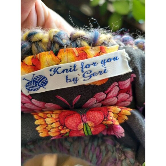 Handknit Purple Blue 13x10 Lined Wood Circle Handle Purse Boho Cottagecore - Picture 7 of 9